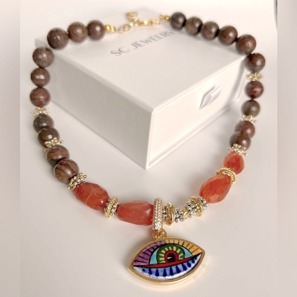 Evil Eye Gemstone Necklace | Handcrafted 22K Gold Plated Agate Stone Jewelry - Picture 3 of 8